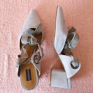 Jaggar Shoes - Jaggar Gray Suede Velvet Tie Mules Jaggar Shoes - Jaggar Gray Suede Velvet Tie Mules